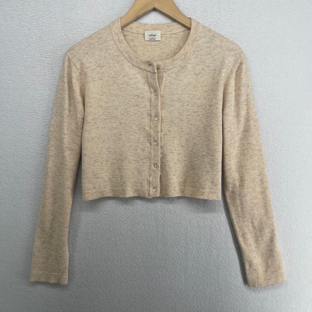 ARITZIA WILFRED Sweater S Soft Spoke Sicily Cropped Cardigan Wool Cashmere Beige